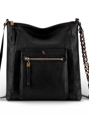 ELLIOTT LUCCA Gwen Black Pebbled Leather Gold Chain Strap Crossbody Bag